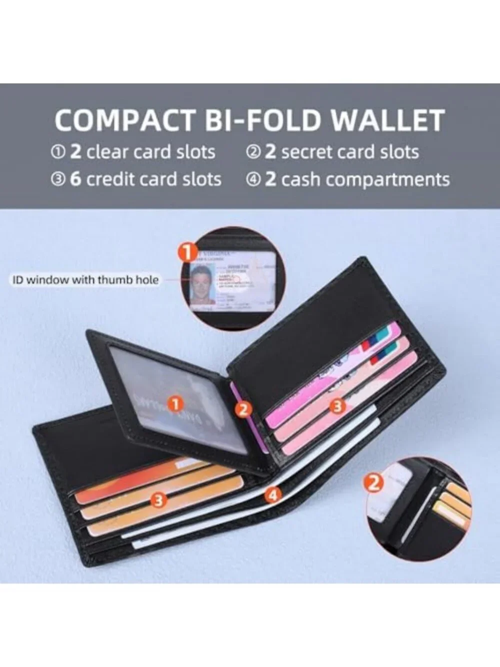 Men's RFID Blocking Carbon Fiber Leather Bifold Wallet, 2 ID Windows, 2 Cash